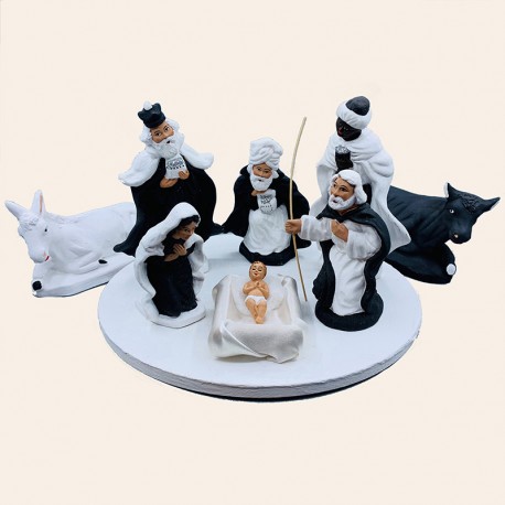 Santon Provence - La nativité en noir et blanc - La sainte famille 10 cm - Santons Flore Aubagne